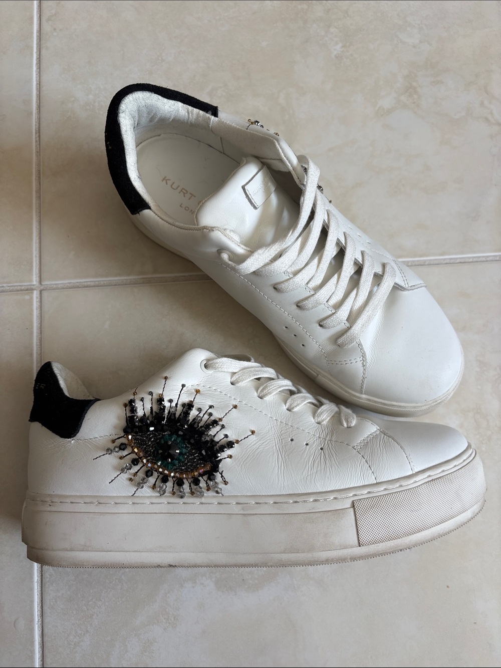 Kurt Geiger White Leather Eye-Embellished Platform Sneakers Black Heel Tab 40.5